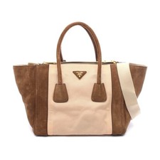 Prada Canvas Suede Handbag Women Beige One Size