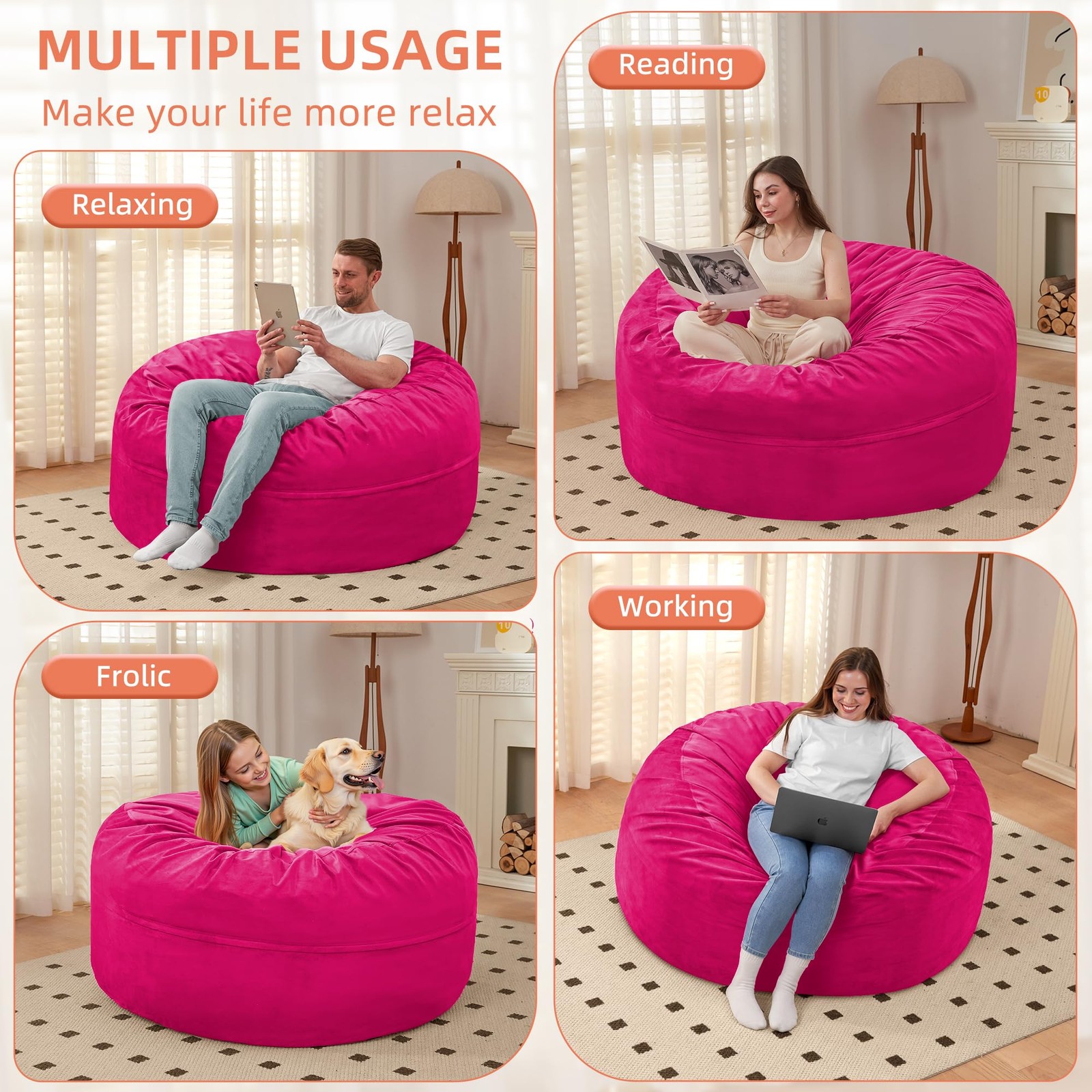 HABUTWAY 3Ft Bean Bag Chair, Luxurious Velvet Ultra Soft Fur, High Rebound Memor