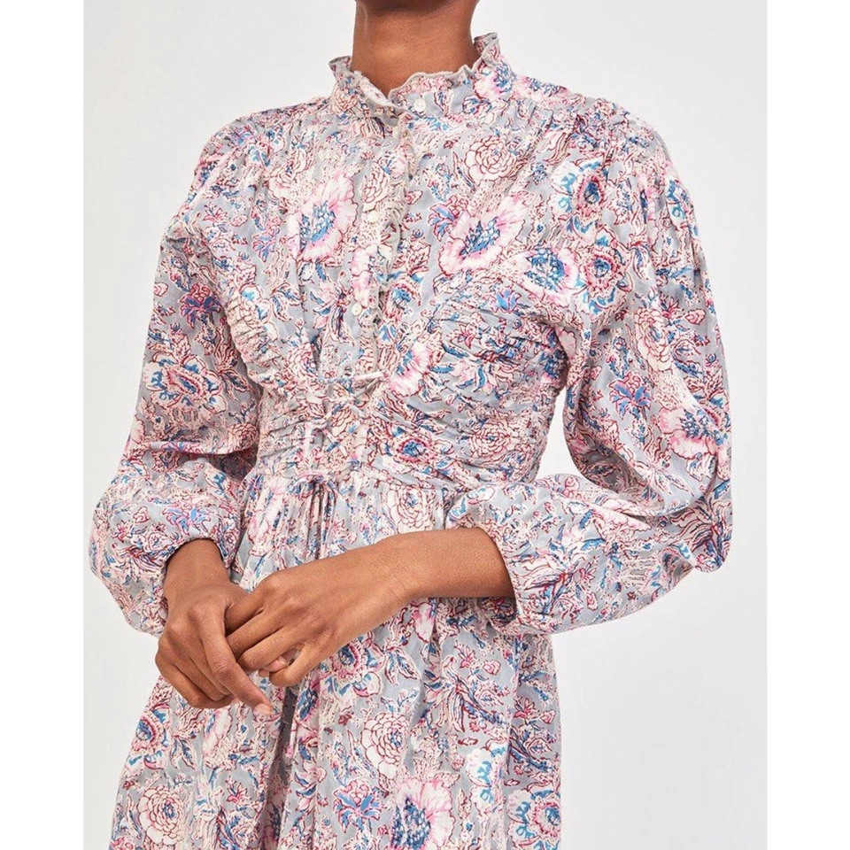 Antik Batik Andre Size 40/US M Blue Floral Cotton Cinched Waist MIDI Dress - Image 3 of 4