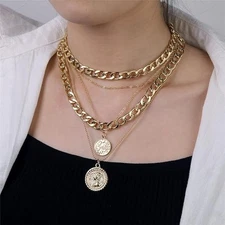 ✨ 14k Gold Tone Queen Elizabeth Layered Pendant Necklace 6PC Set 👑