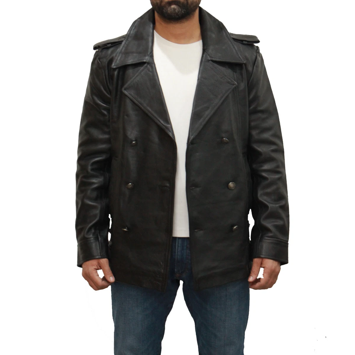 Men German Major Military Style Black Leather Hip Length Double
