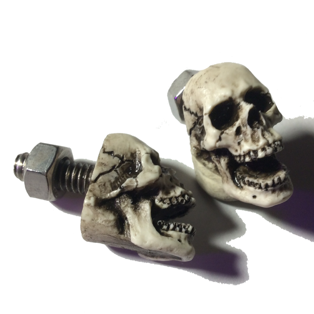 Set Of 2 Skull License Plate Bolts - 1/2 Skull Design, Antiqued Bone Finish, Made In USA