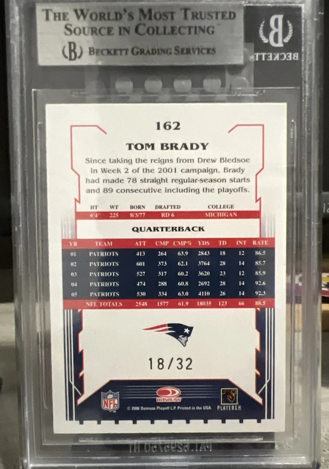 2006 Score Select Artist’s Proof Tom Brady 18/32 BGS9 POP 1 None Higher - Image 2 of 2