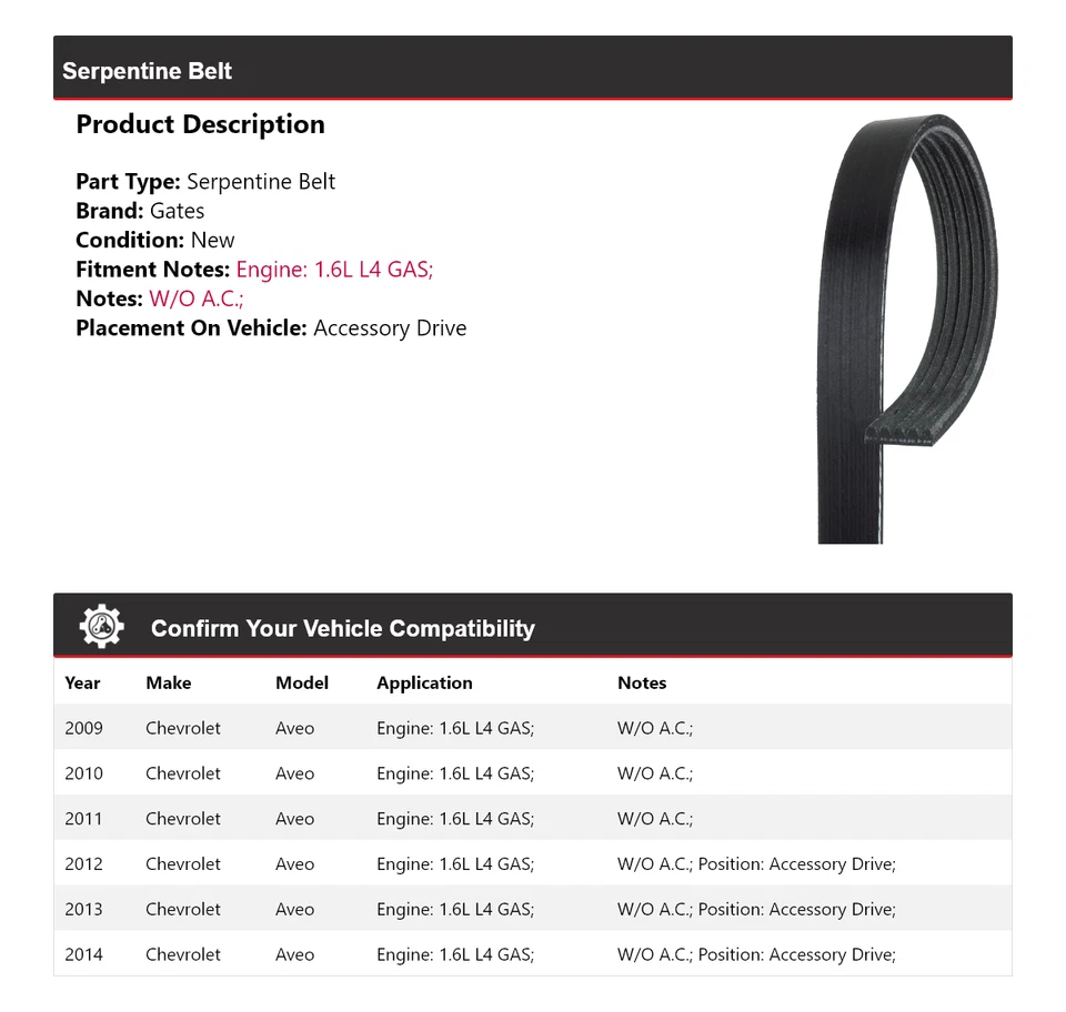 For 2009-2014 Chevrolet Aveo 1.6L L4 GAS Serpentine Belt Gates 2010 2011 2012 - Image 2 of 4
