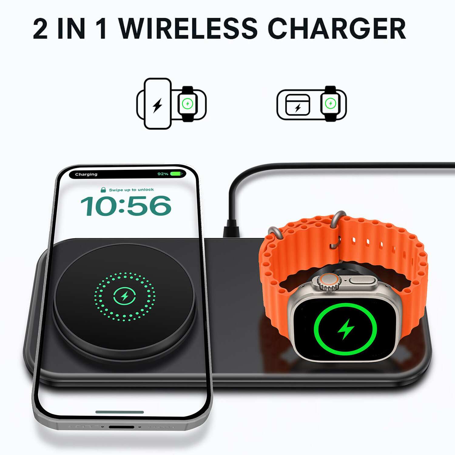 2in1 Wireless Charger Pad For Apple Watch Ultra 10 9 iPhone 16 15 14 13 12 11 XS
