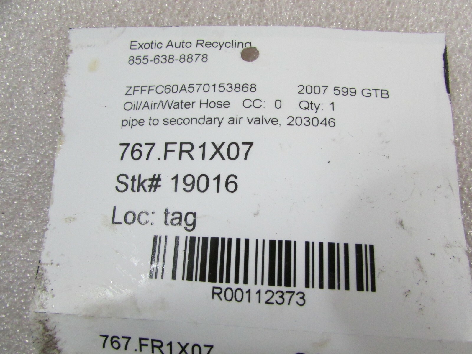 Ferrari 599 GTB, Pipe to secondary Valve, Used, P/N 203046