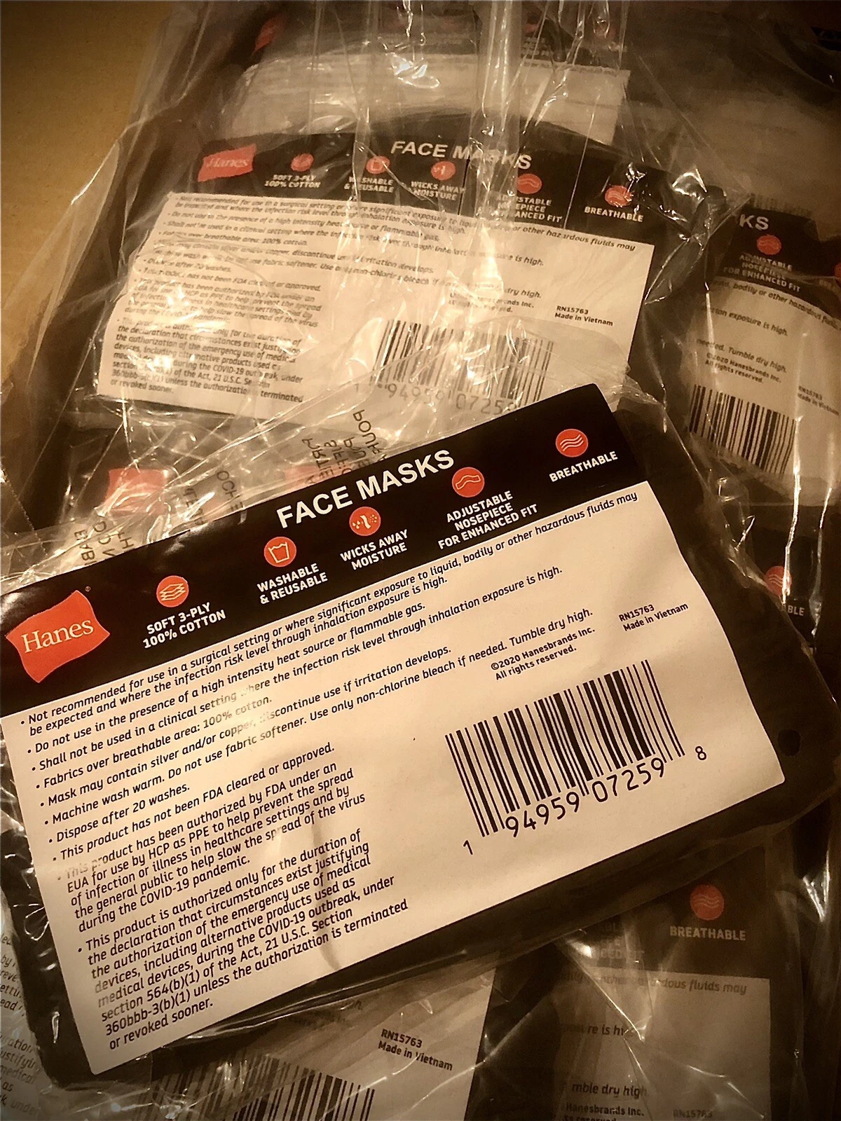 500 Pcs Hanes Reusable Black Face cover Mask Washable soft 3-ply 100% Cotton