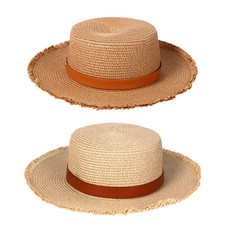 Women's Retro Belt Straw Hat Panama Fedora Summer Beach Sun Hat RAFFIA Brim Cap