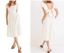 MADEWELL Ivory Textural Stripe Ruffle Strap Bow-Tie Back Tiered Mid Dress XS 0/2