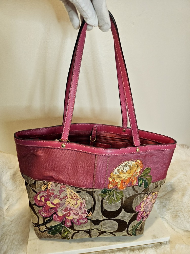 Coach Floral Appliqué Signature Monogram Tote Bag with Pink Leather Trim
