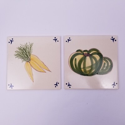 2 Veggie Carrots Tomatoes Ceramic Tiles Art Trivets Wall Tiles 6'' Portugal