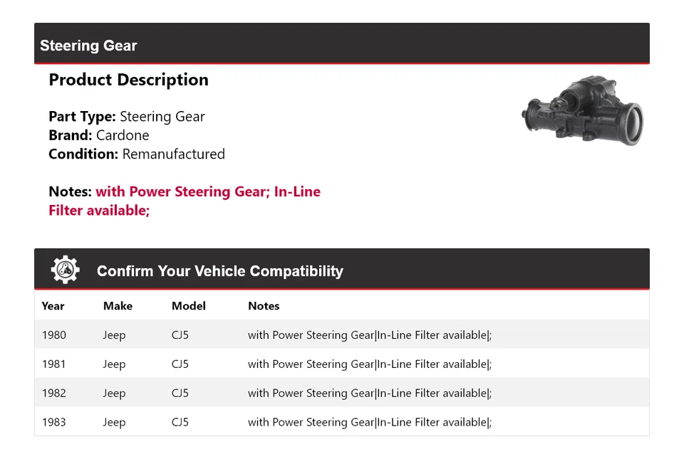 Engranaje de dirección Cardone 1981 1982 para Jeep CJ5 1980-1983 Foto 2 de 4