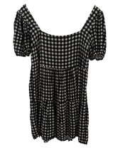 Black & White Gingham Checked Babydoll Dress With Puff Sleeves & Square Neckline