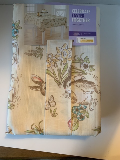 Fabric Tablecloth Easter Bunny Floral 60x84 Easy Care. G ...