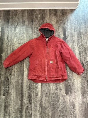 Vintage Carhartt C68 DKR Red Fleece Lined Hooded Work Jacket Size XL Distressed