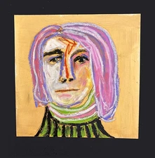 Original Portrait Painting 8x8 Expressive Disgruntled Raw Outsider Naive Art