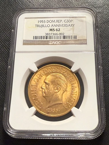 Dominican Republic 1955 Gold 30 Pesos NGC MS62 Trujillo Regime