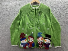 Tiara International Green Knit Christmas Embroidered Zip Cardigan Women Sz L