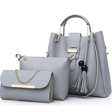 Women's Purse and Handbags 3 Pcs Bag Set PU Leather Tassel Totes Clutch 
