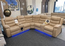 Madrid Electric Recliner Corner Sofa Beige With Cup Holders/Bluetooth/USB/LED