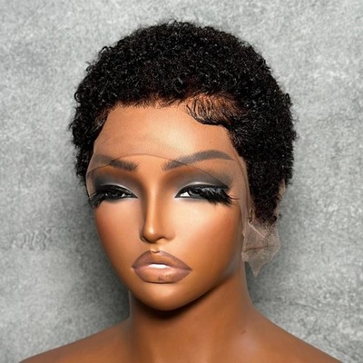 Full Lace Curly Afro Pixie Cut Perücke Echthaar Natur Schwarz 180% Dichte Medium
