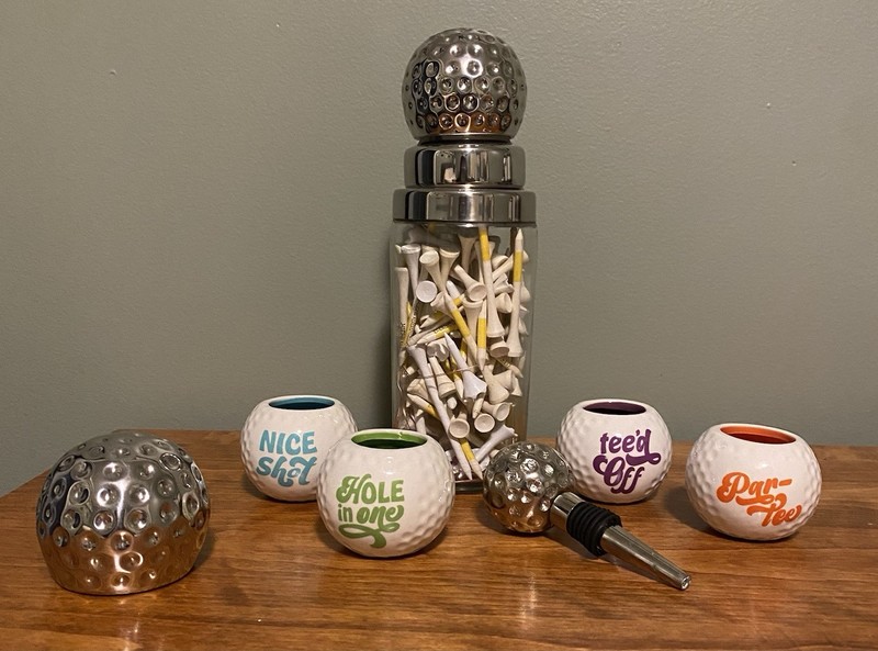 Golfball Wine Bar Set 4 Shot Glasses, Wine Stopper, Bottle Opener, Drink Shaker 