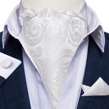 Mens Cravat White Paisley Wedding Ascot Handkerchief Cufflinks Set Casual Work