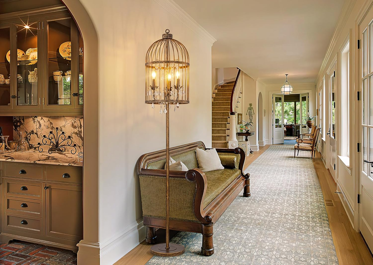 Vintage Bronze Floor Lamp - Unique Bird Cage Design for Living
