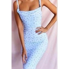 House of CB London Bellina Midi Blue Floral Corset Cowl Neck Dress XS Sleeveless