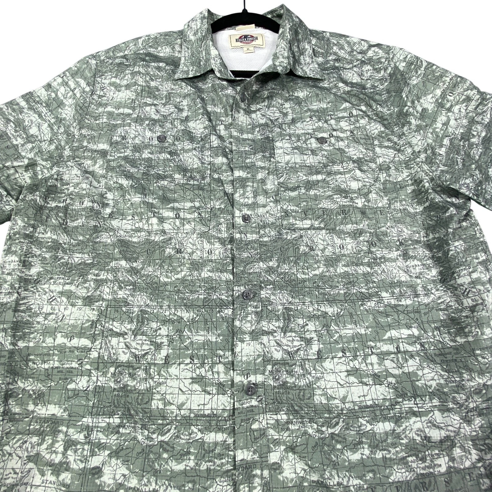 Field & Forest Shirt Mens XL Green Map Print Fishing Outdoors Button Camp Hiking