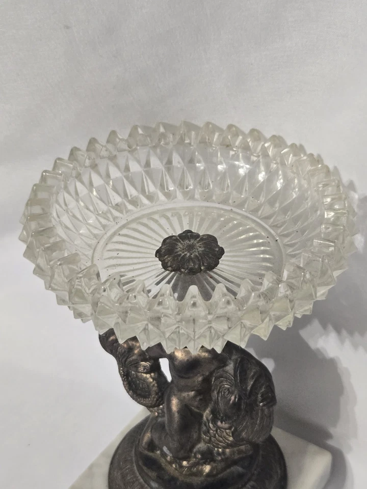 Vintage MCM Metal Cherub Riding Koi Fish Cut Glass Top Marble Base - Image 3 of 4