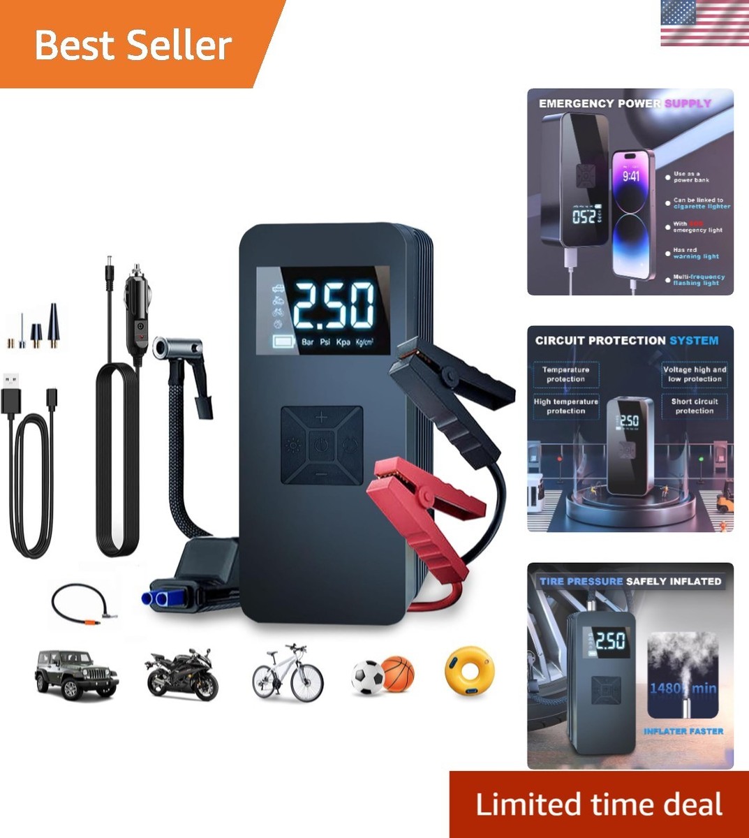 Multi-Functional Car Battery Jump Starter & Air Compressor with Smart  Features