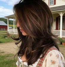 Women Dark Brown w/Gold Highlight Ombre Shoulder Length Curly Hair Wig- - -