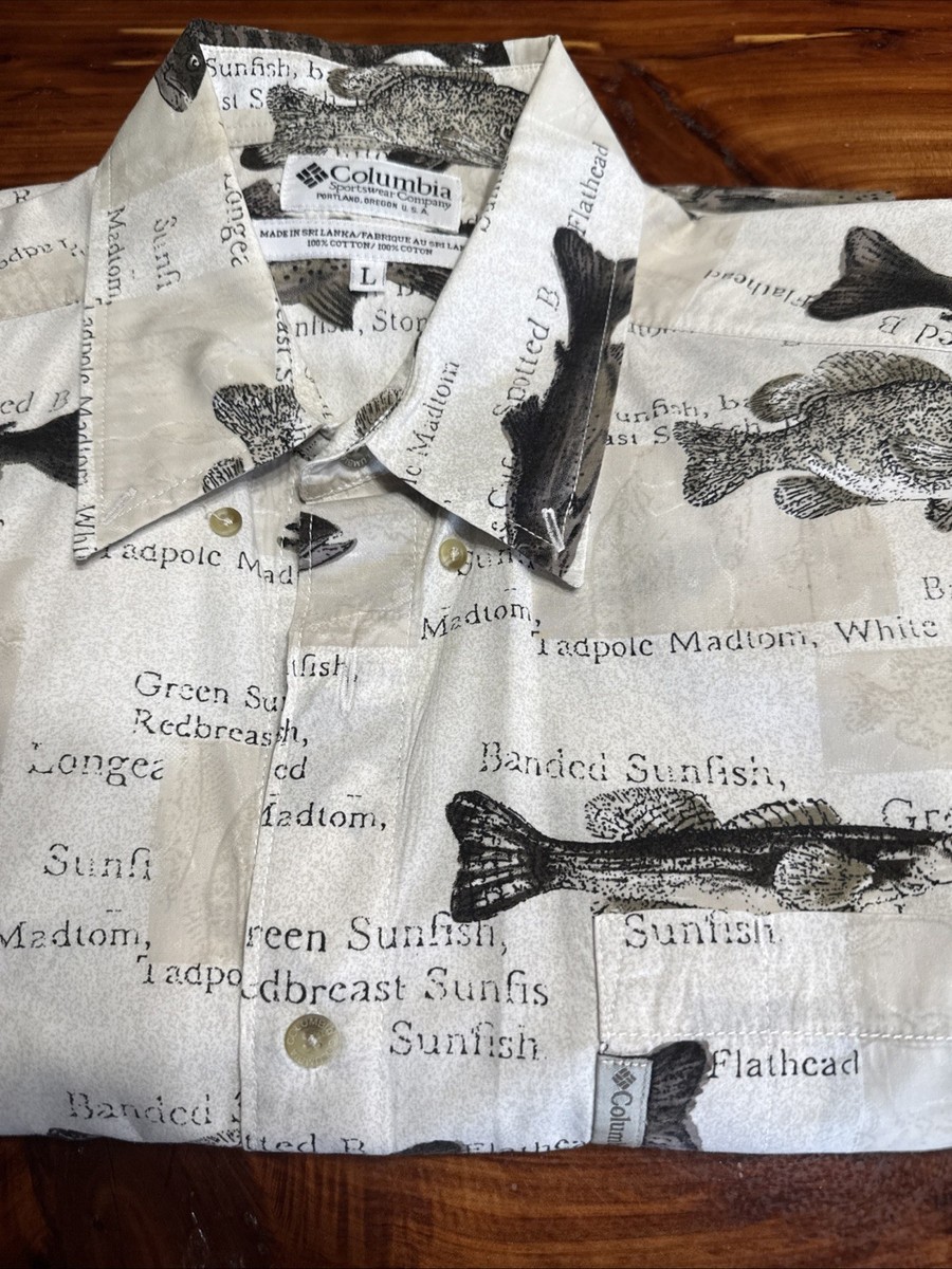 Vintage Columbia Sportswear Fish Print Button Up Shirt Mens Large Cotton Angler
