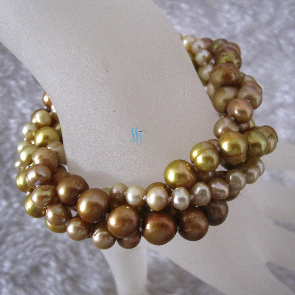 Pulsera de perlas de agua dulce 8" 4-9 mm champán 4 filas joyería Foto 3 de 4
