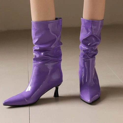 Halbhohe Damenstiefel Pfennigabsatz spitz zulaufend glänzendes Leder zum Überziehen Damen Bootie - Bild 19 von 23