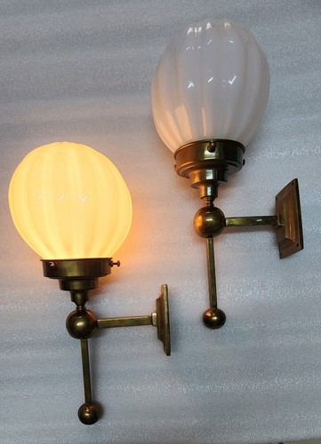 Pair Vintage Art Deco Brass Milk Glass Wall Fixture Sconces Ship Light Lamp - Picture 4 of 5