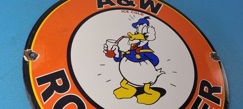 VINTAGE A&W PORCELAIN ROOT BEER BEVERAGE SODA DONALD DUCK GAS PUMP SIGN - Picture 5 of 15