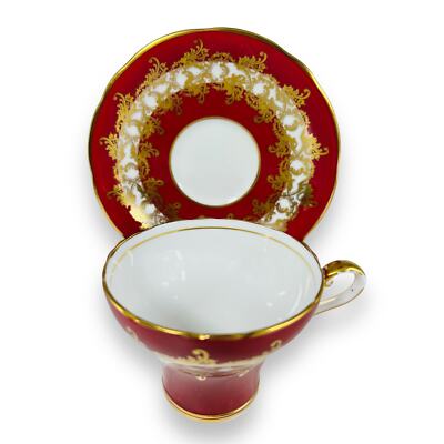 Aynsley 1215 Burgundy & Gold Swag Corset Style Teacup And Matching Saucer Set