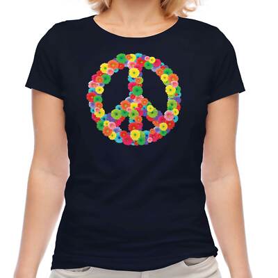 FLOWER POWER LADIES FASHION T-SHIRT HIPPY HIPSTER CND SYMBOL PEACE BAN BOMB