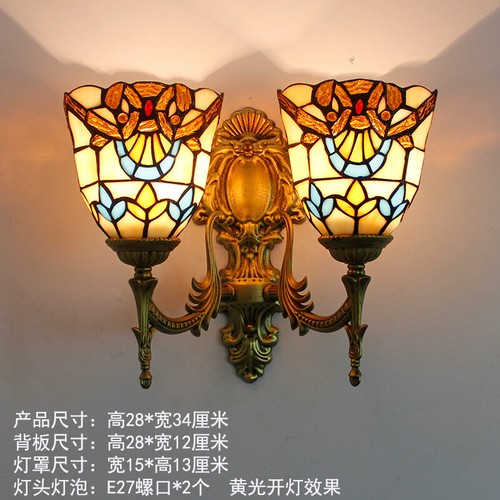 Wall sconces pair Tiffany Glass Shape Baroque Sunflower Dragonfly Design antique - Picture 11 of 25