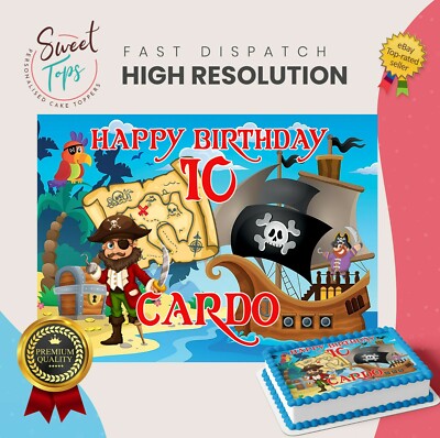 Personalisierte Piratenschiff & Schatzkarte rechteckig essbar Geburtstag Tortenaufleger