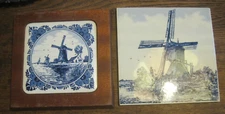 VTG Delft Blauw Holland Windmill FRAMED Trivet &Tile Hand Painted LOT OF 2 PCS