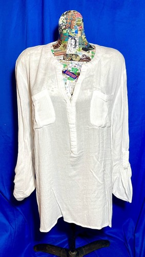 Chances R Women XL Top White Long Sleeve Blouse Shirt Roll Tab