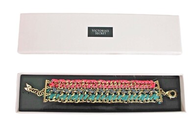 Victorias Secret Bracelet Gold Tone Angel Wings Woven Teal Pink
