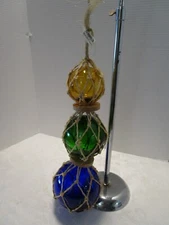 Art Glass Fishing Netted Float Nautical 3-ball string beach décor FL. 21" l 1970