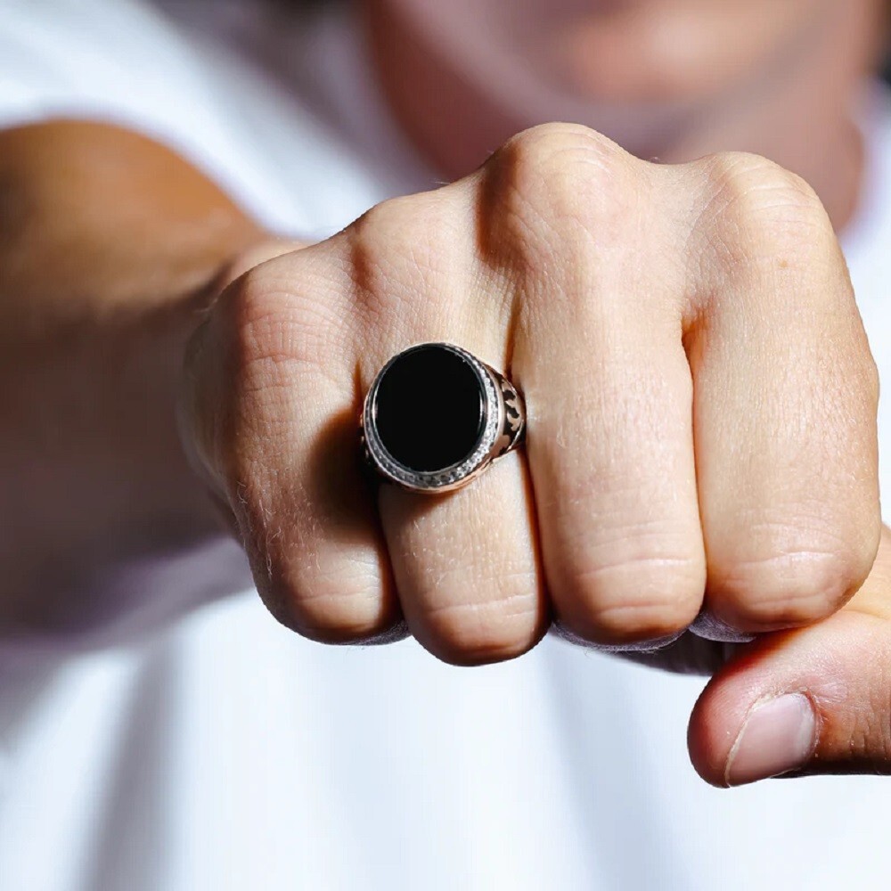 Men's Sterling Silver Ring w/ Onyx & Cubic Zirconia Stones