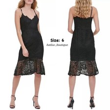 GUESS Flounce-Hem Lace Black Dress, Size: 6