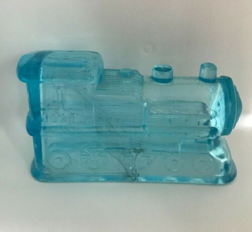 Vintage 1920's Child's LOCOMOTIVE CANDY CONTAINER Aqua Blue Glass, mfg. unknown - Picture 1 of 6