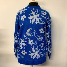 VTG Floral Knit Sweater Blue White Nordic Fair Isle Style 70s 80s Womens Medium